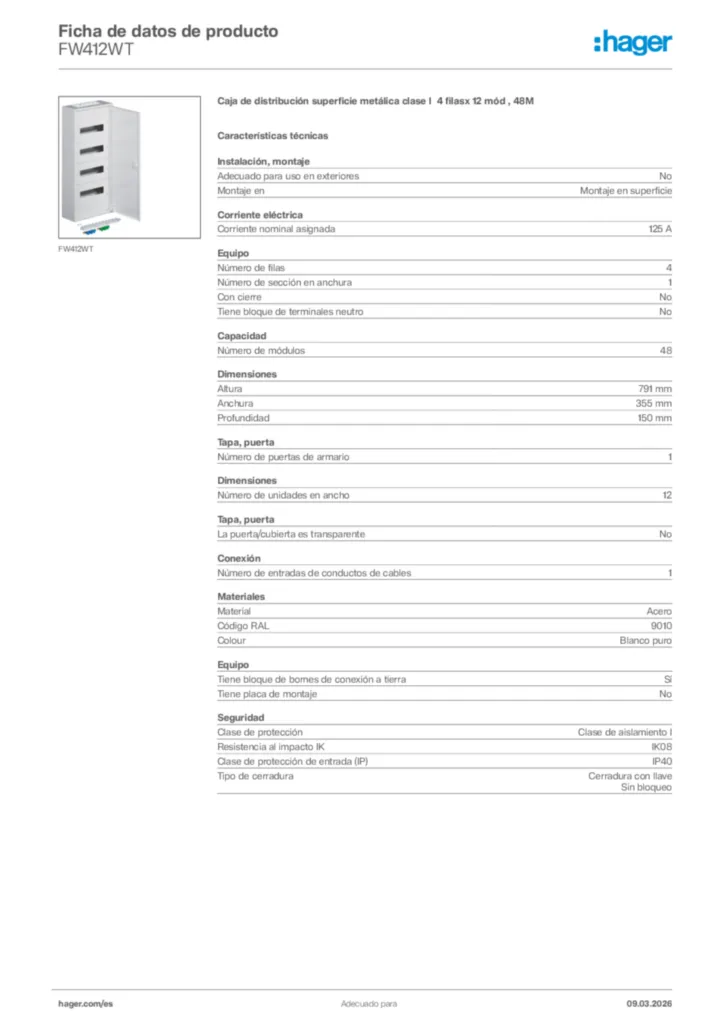 Imagen Hager Ficha de datos de producto FW412WT | Hager España