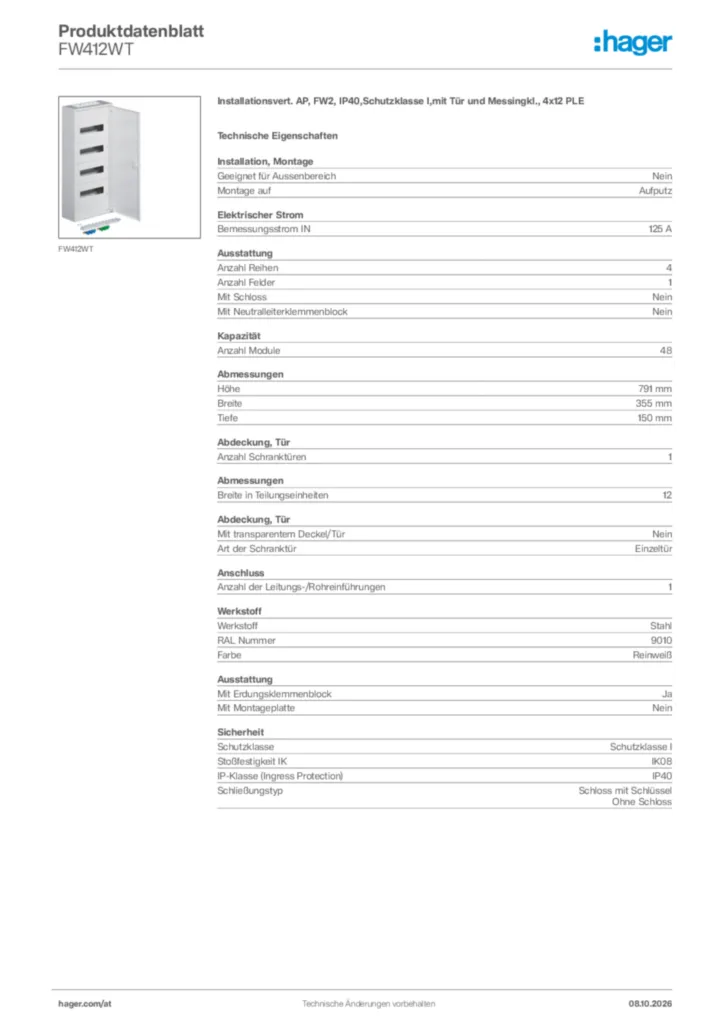 Bild Hager Produktdatenblatt FW412WT | Hager Deutschland