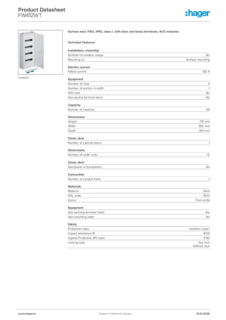 Image Hager Product data sheet FW412WT  | Hager