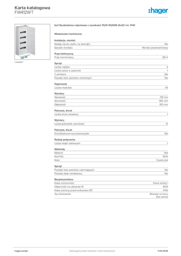 Zdjęcie Hager Karta katalogowa FW412WT | Hager Polska