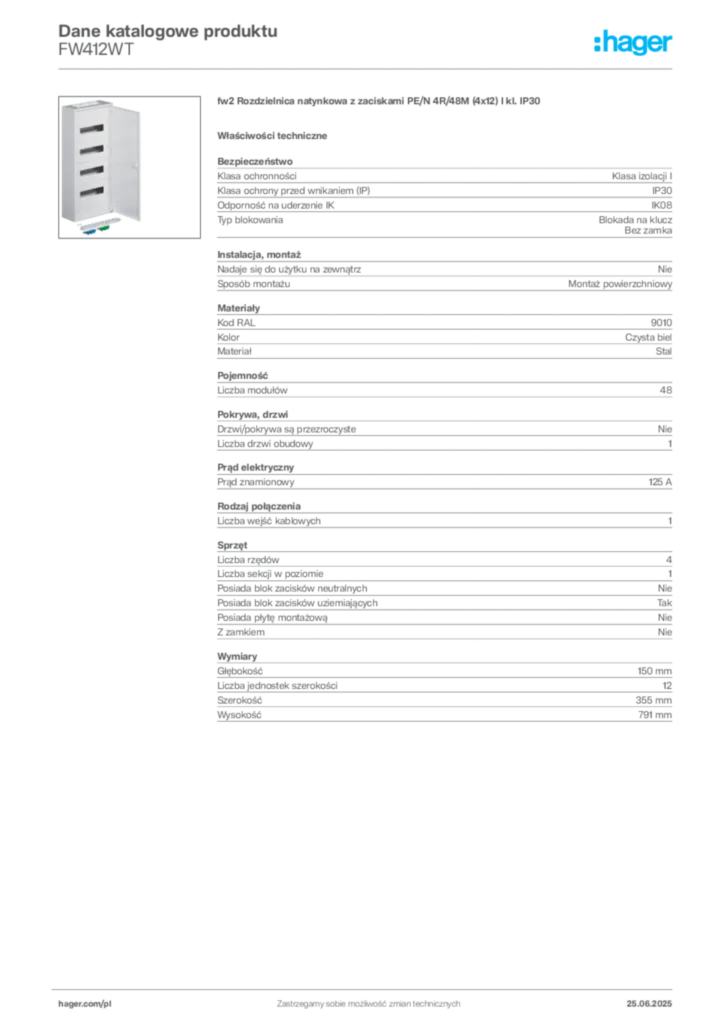 Zdjęcie Hager Karta katalogowa FW412WT | Hager Polska