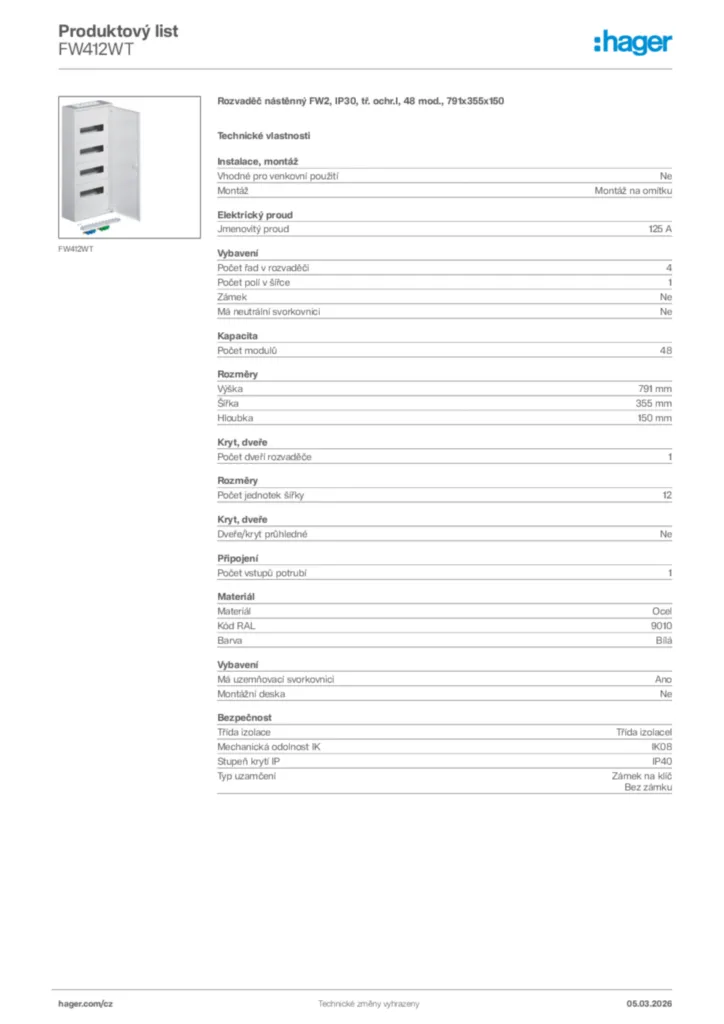 Obrázek Hager Product data sheet FW412WT | Hager