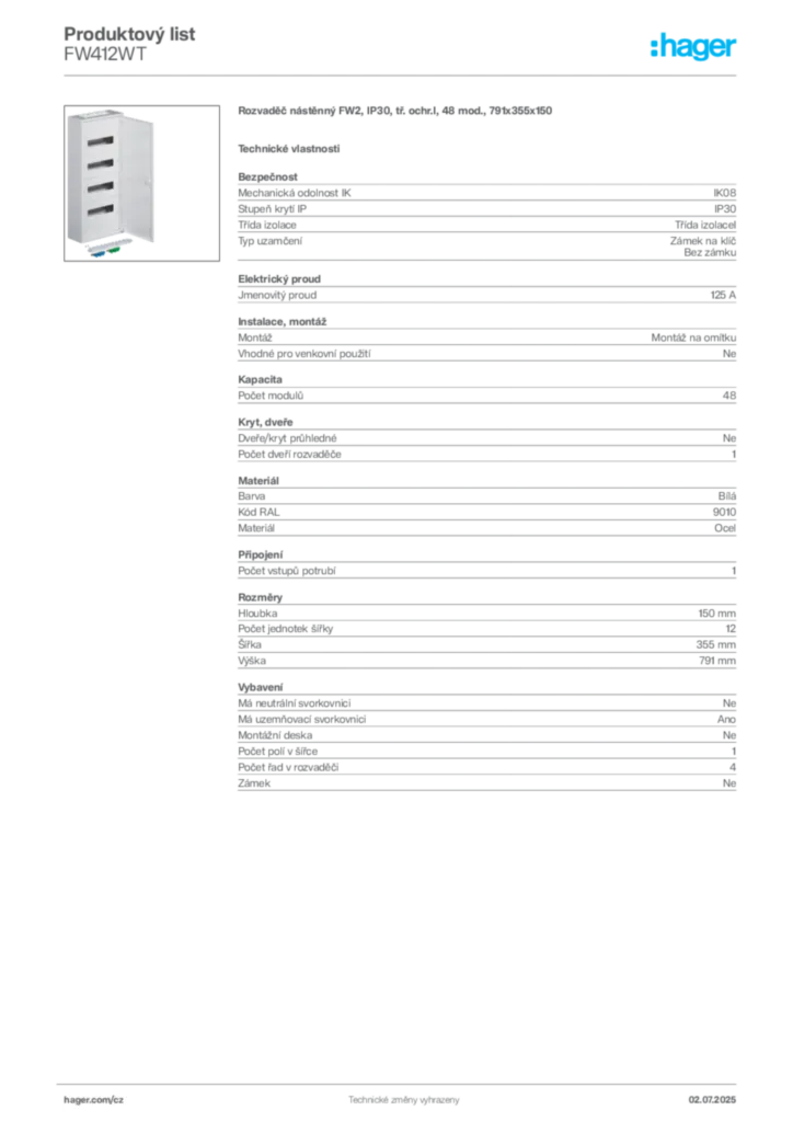 Obrázek Hager Produktový list FW412WT | Hager