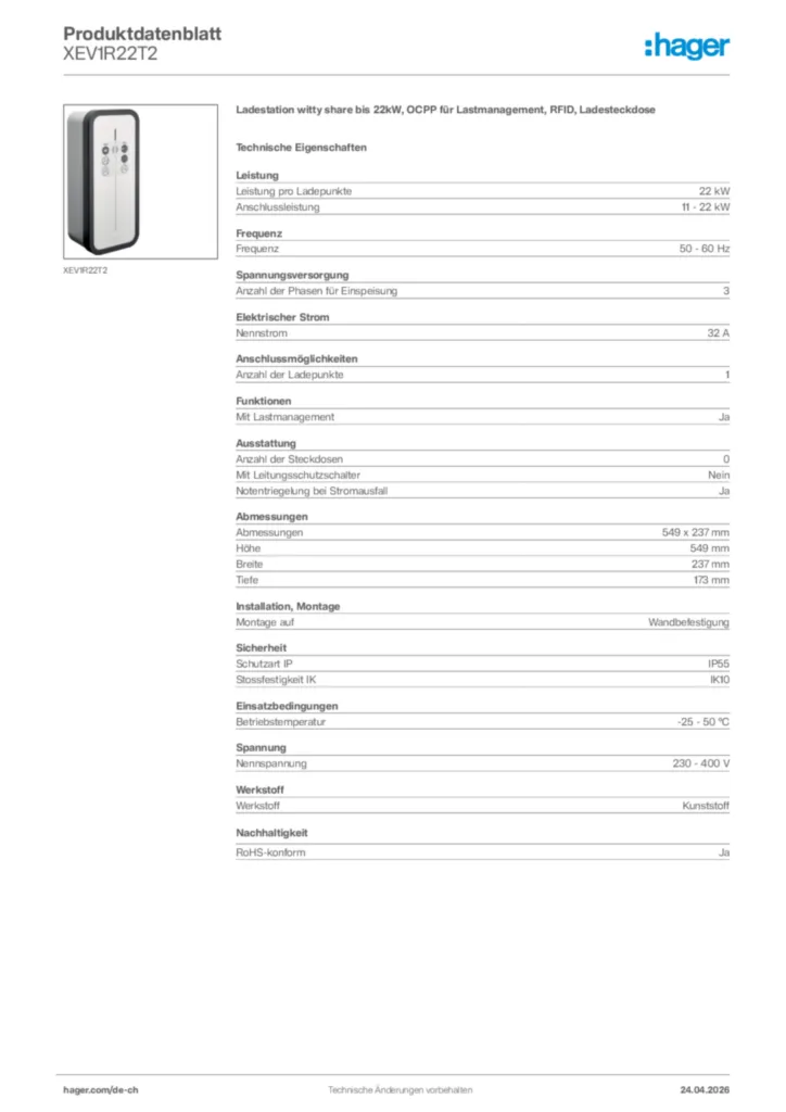Bild Hager Produktdatenblatt XEV1R22T2 | Hager Schweiz