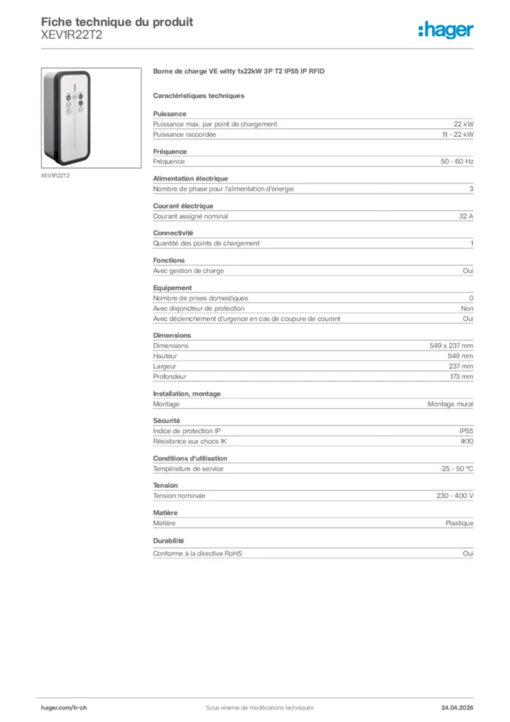 Image Hager Fiche technique du produit XEV1R22T2 | Hager Suisse