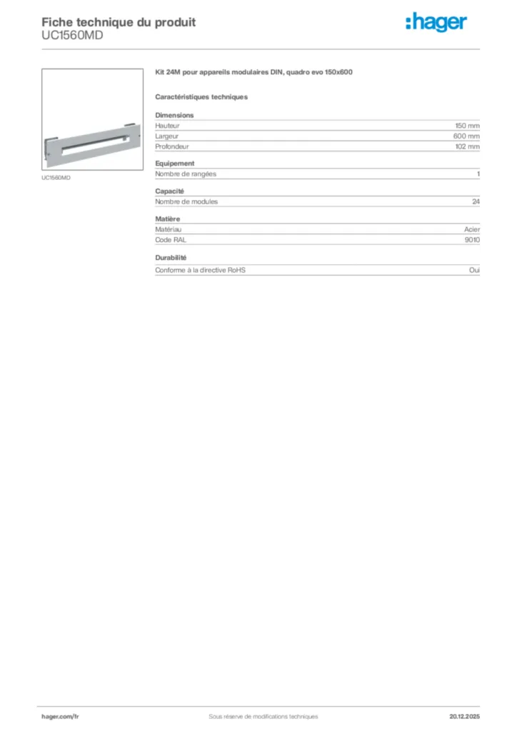 Image Hager Fiche technique du produit UC1560MD | Hager France