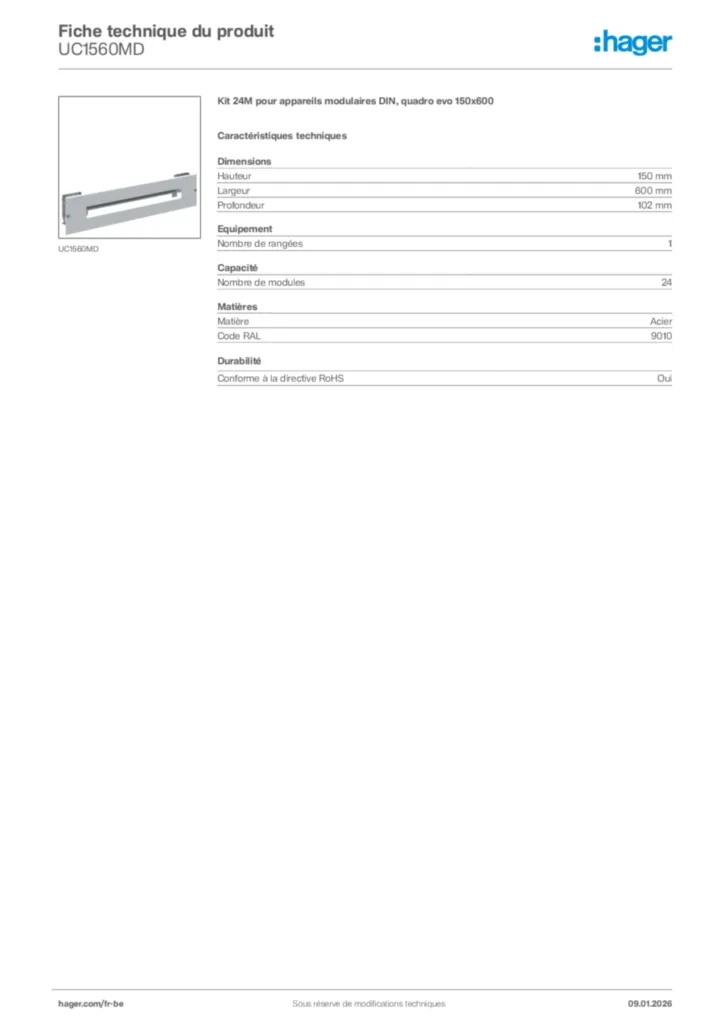 Image Hager Fiche technique du produit UC1560MD | Hager Belgique