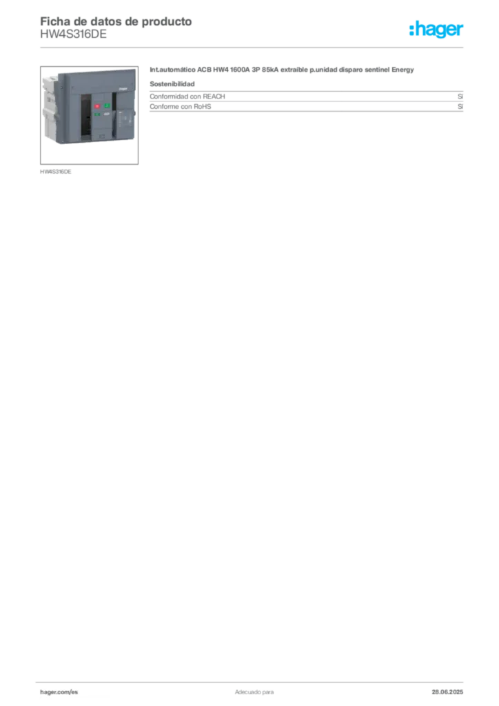 Imagen Hager Ficha de datos de producto HW4S316DE | Hager España