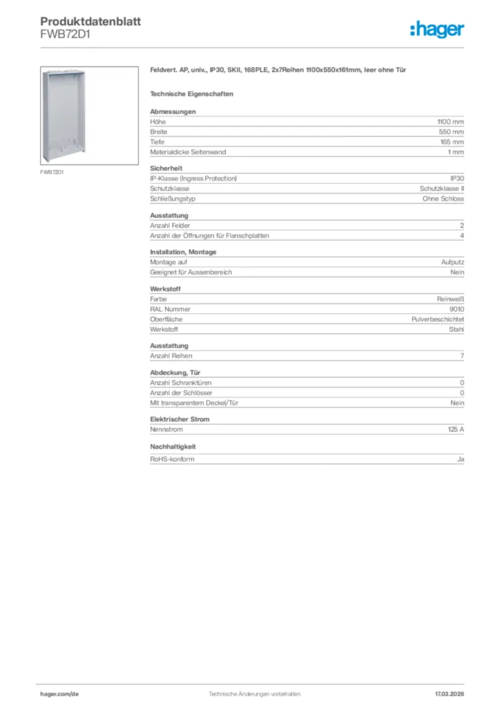 Bild Hager Produktdatenblatt FWB72D1 | Hager Deutschland