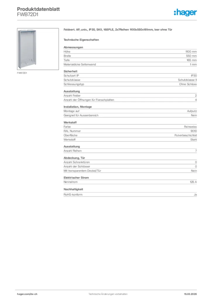 Bild Hager Produktdatenblatt FWB72D1 | Hager Schweiz