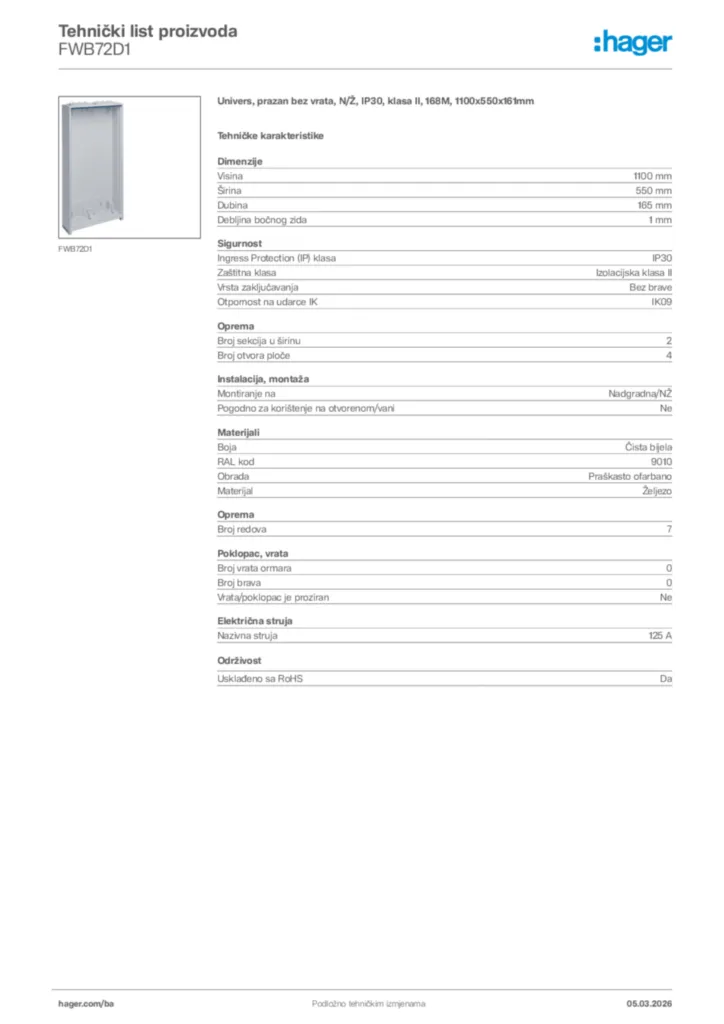 Slika Hager Tehnički list proizvoda FWB72D1  | Hager