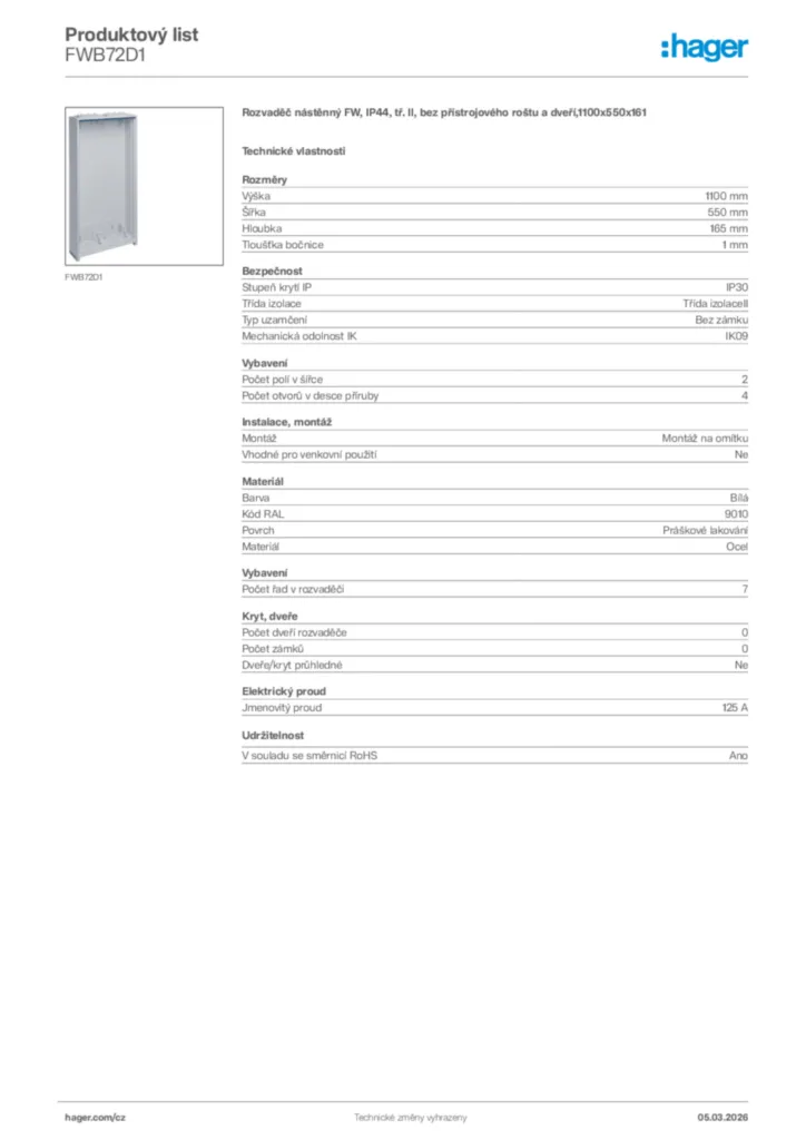 Obrázek Hager Product data sheet FWB72D1 | Hager