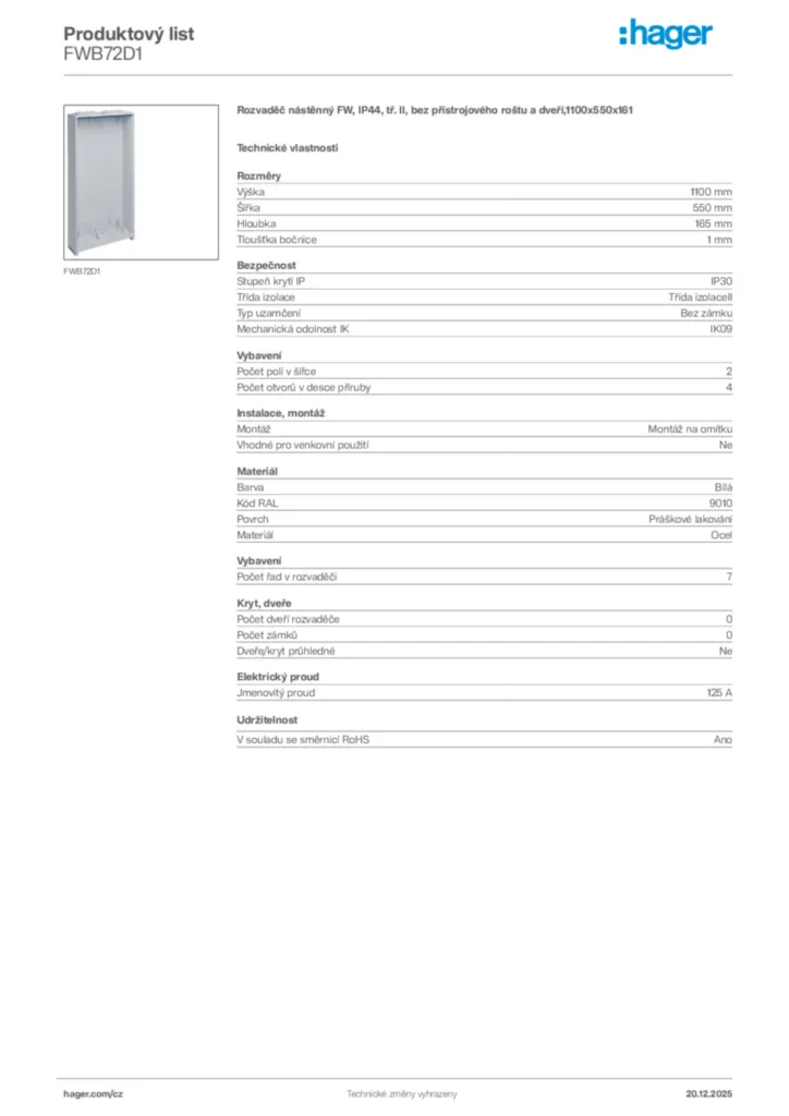 Obrázek Hager Produktový list FWB72D1 | Hager