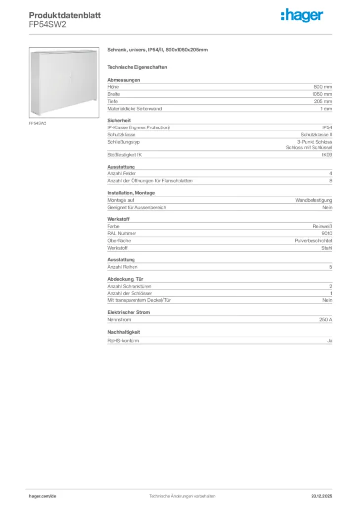 Bild Hager Produktdatenblatt FP54SW2 | Hager Deutschland