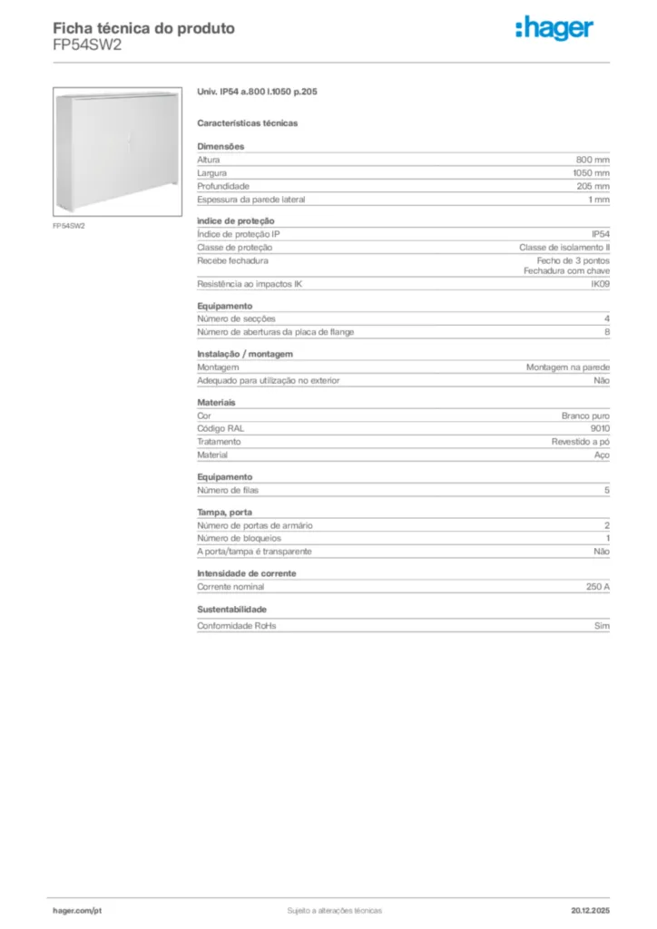 Imagem Hager Ficha técnica do produto FP54SW2 | Hager Portugal