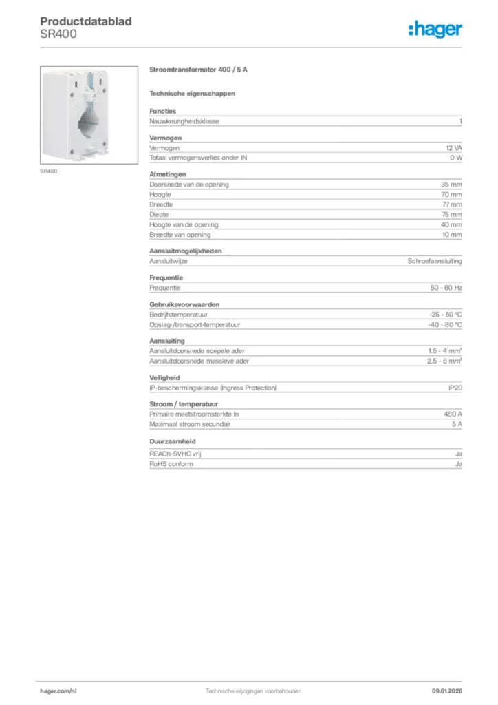 Afbeelding Hager Productdatablad SR400 | Hager Nederland