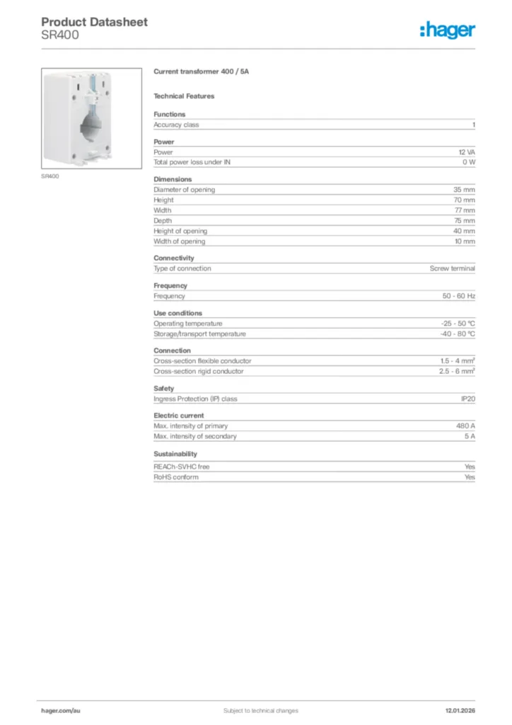 Image Hager Product data sheet SR400  | Hager Australia