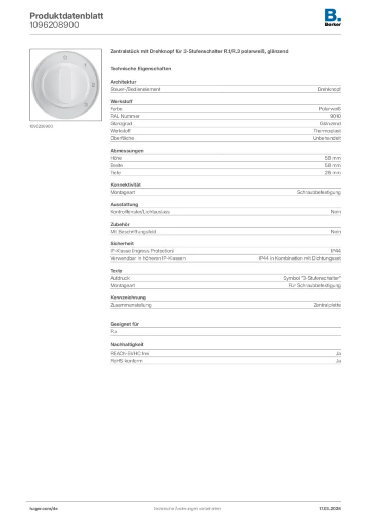 Bild Berker Produktdatenblatt 1096208900 | Hager Deutschland