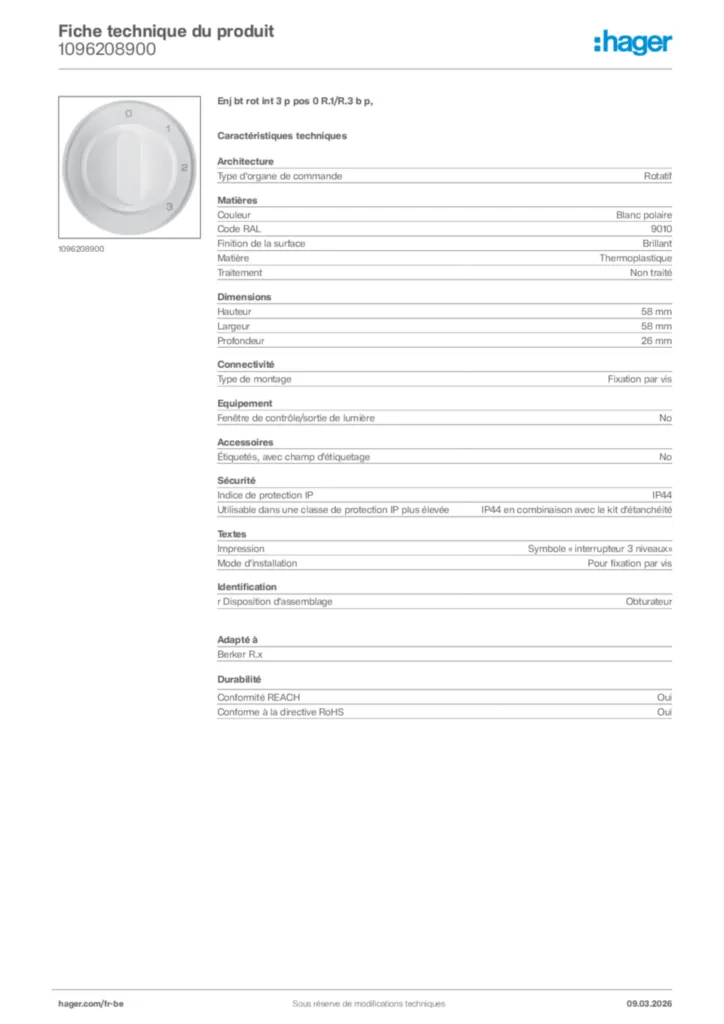 Image Hager Fiche technique du produit 1096208900 | Hager Belgique