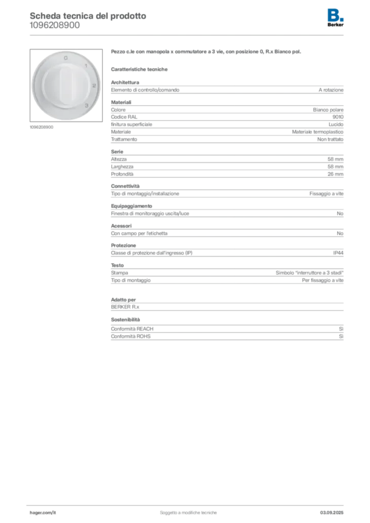 Immagine Berker Scheda tecnica del prodotto 1096208900 | Hager Italia
