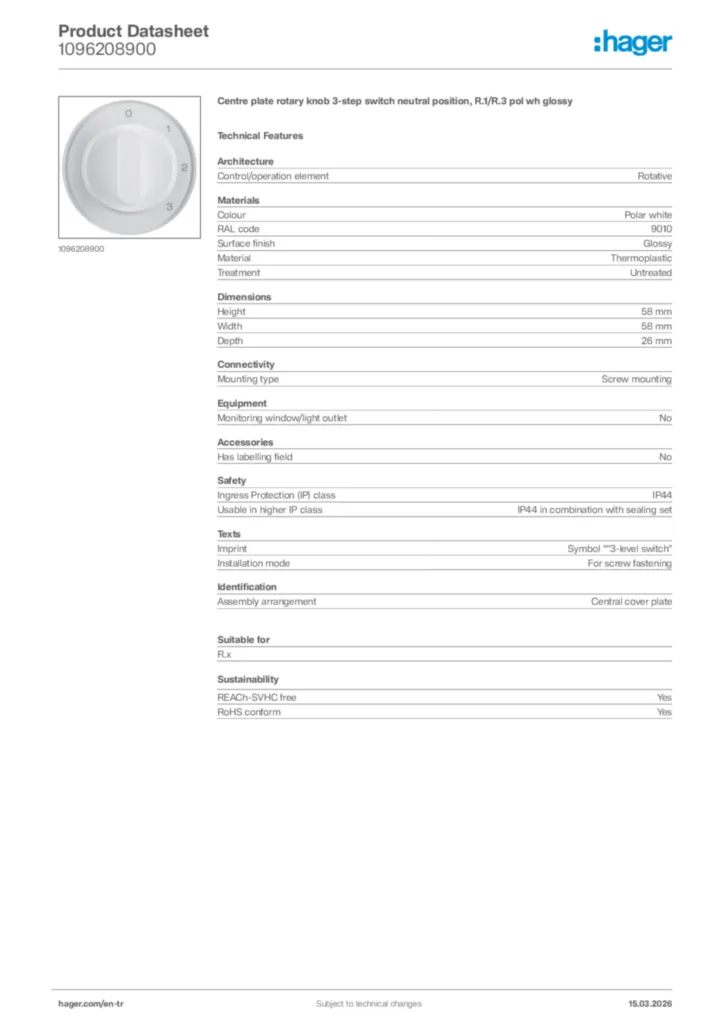 Image Hager Product data sheet 1096208900  | Hager