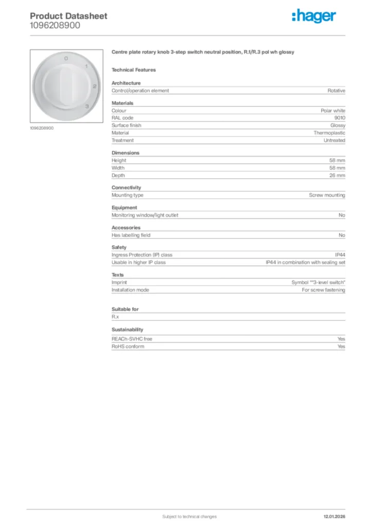 Image Hager Product data sheet 1096208900  | Hager
