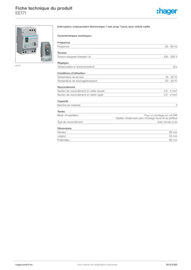 Image Hager Fiche technique du produit EE171 | Hager Belgique