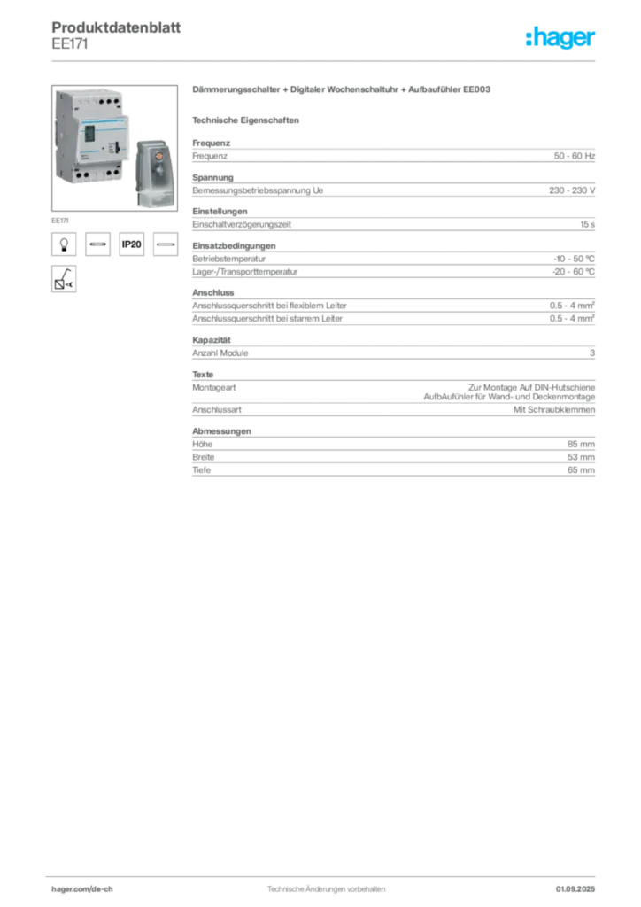 Bild Hager Produktdatenblatt EE171 | Hager Schweiz