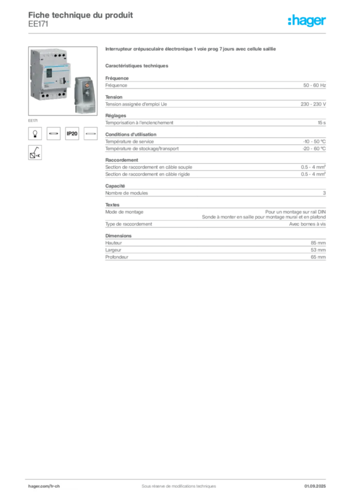Image Hager Fiche technique du produit EE171 | Hager Suisse