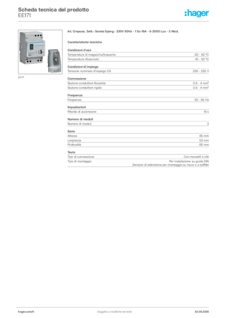 Immagine Hager Scheda tecnica del prodotto EE171 | Hager Italia