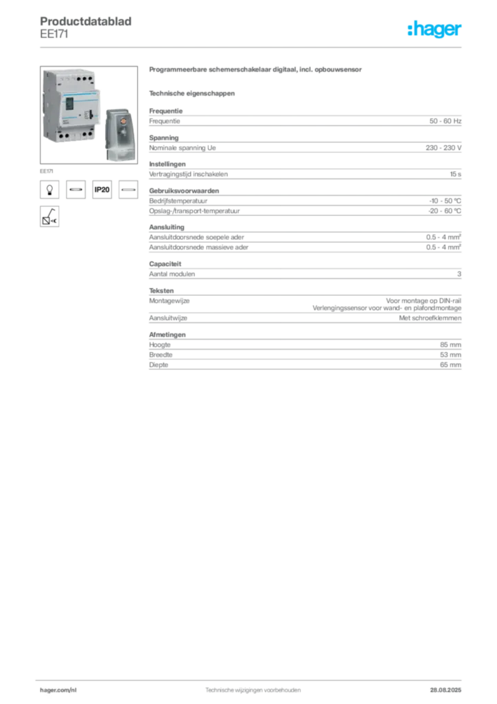 Afbeelding Hager Productdatablad EE171 | Hager Nederland