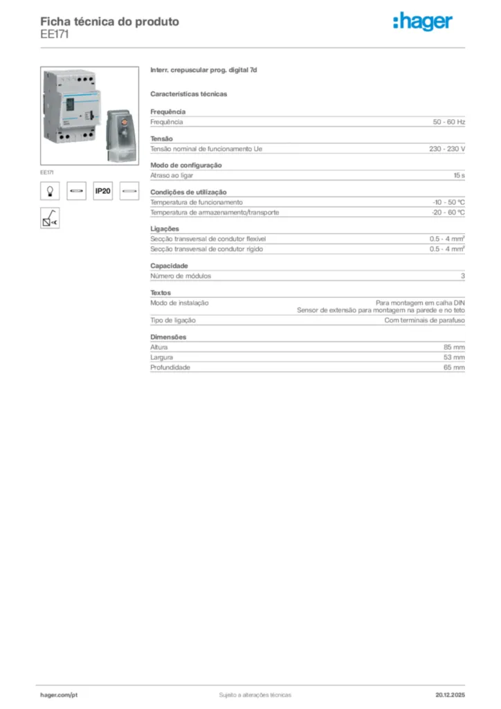 Imagem Hager Ficha técnica do produto EE171 | Hager Portugal