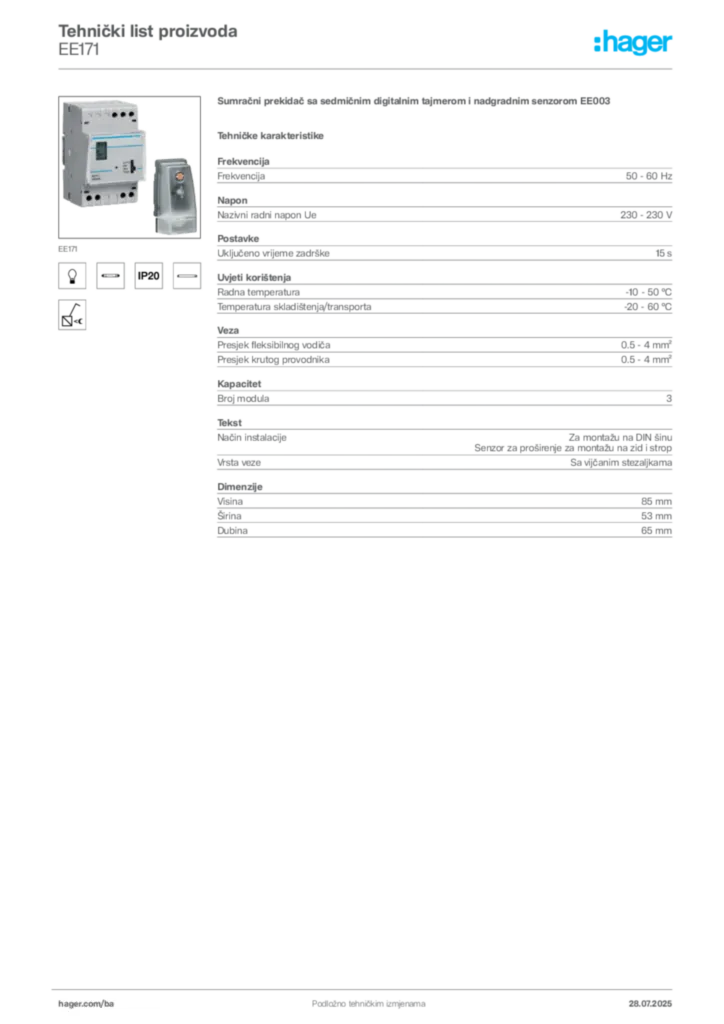 Slika Hager Product data sheet EE171  | Hager