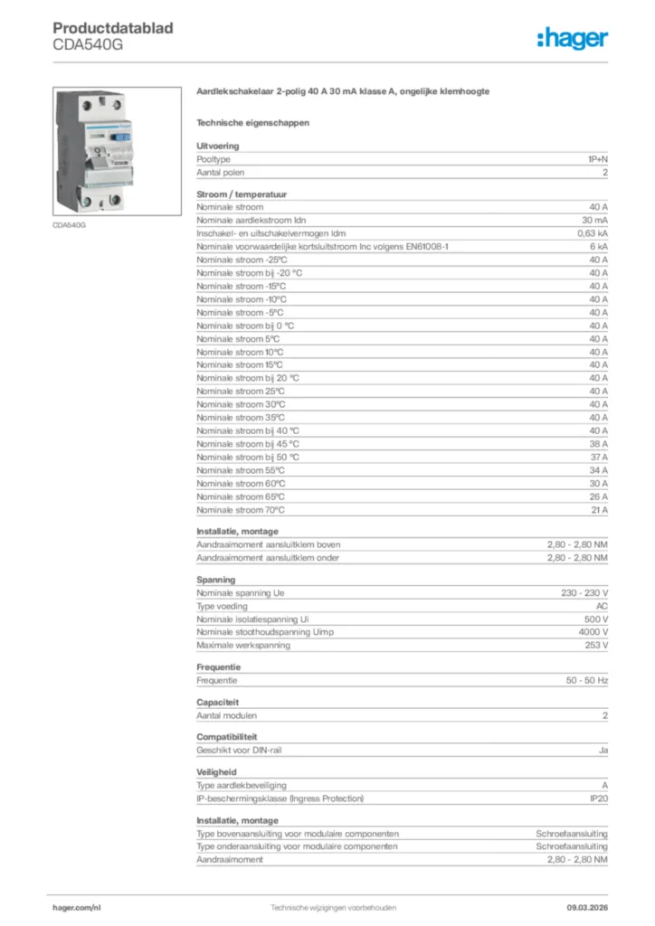 Afbeelding Hager Productdatablad CDA540G | Hager Nederland