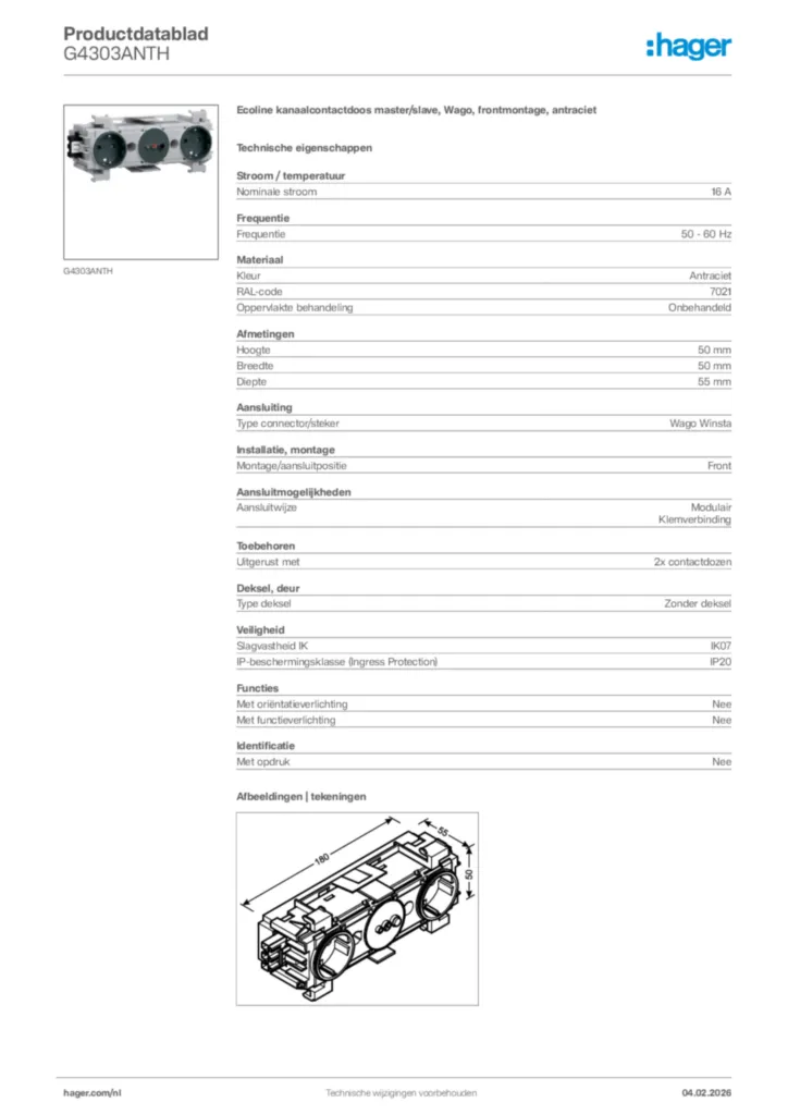 Afbeelding Hager Productdatablad G4303ANTH | Hager Nederland
