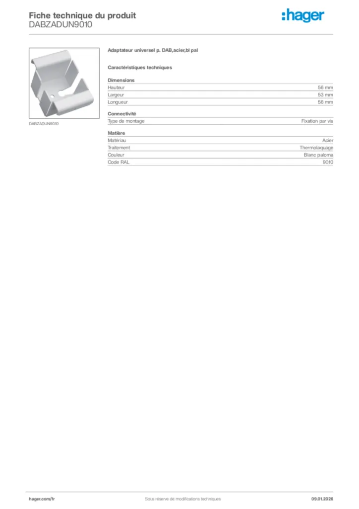 Image Hager Fiche technique du produit DABZADUN9010 | Hager France