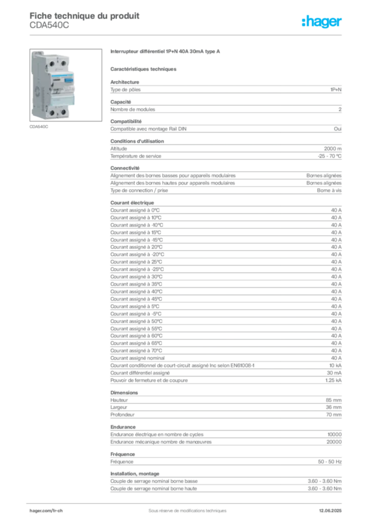 Image Hager Fiche technique du produit CDA540C | Hager Suisse