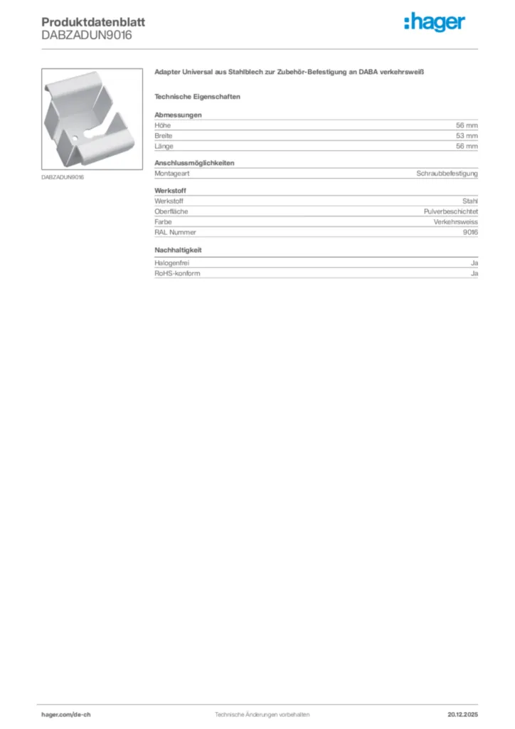 Bild Hager Produktdatenblatt DABZADUN9016 | Hager Schweiz