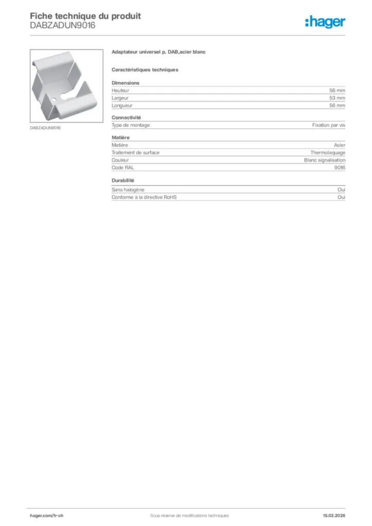 Image Hager Fiche technique du produit DABZADUN9016 | Hager Suisse