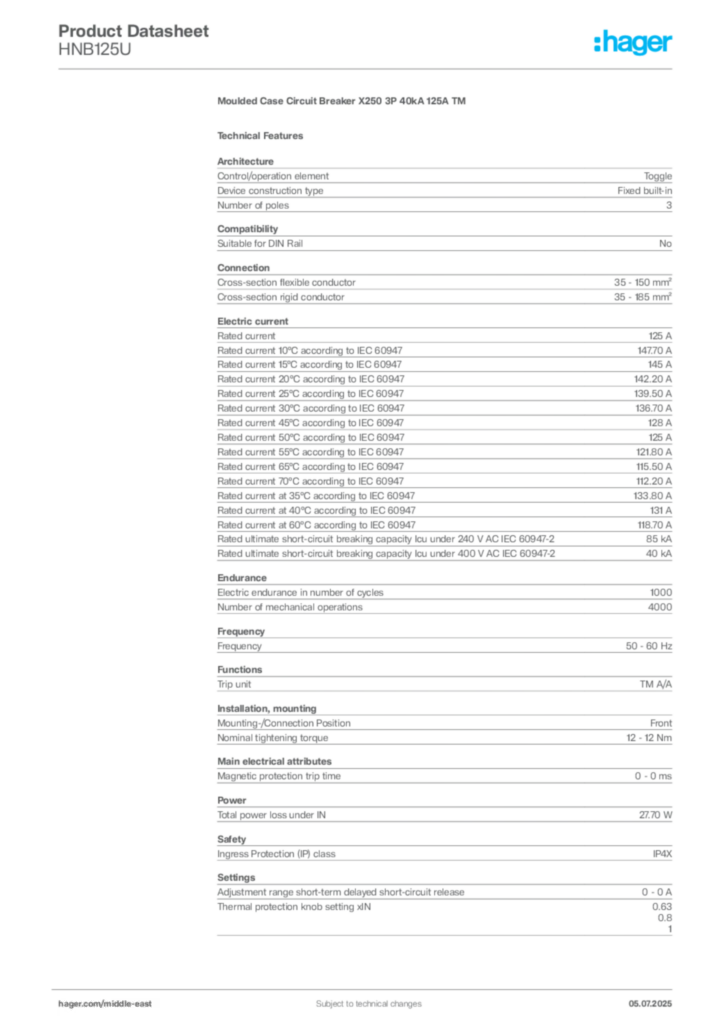 Image Hager Product data sheet HNB125U  | Hager