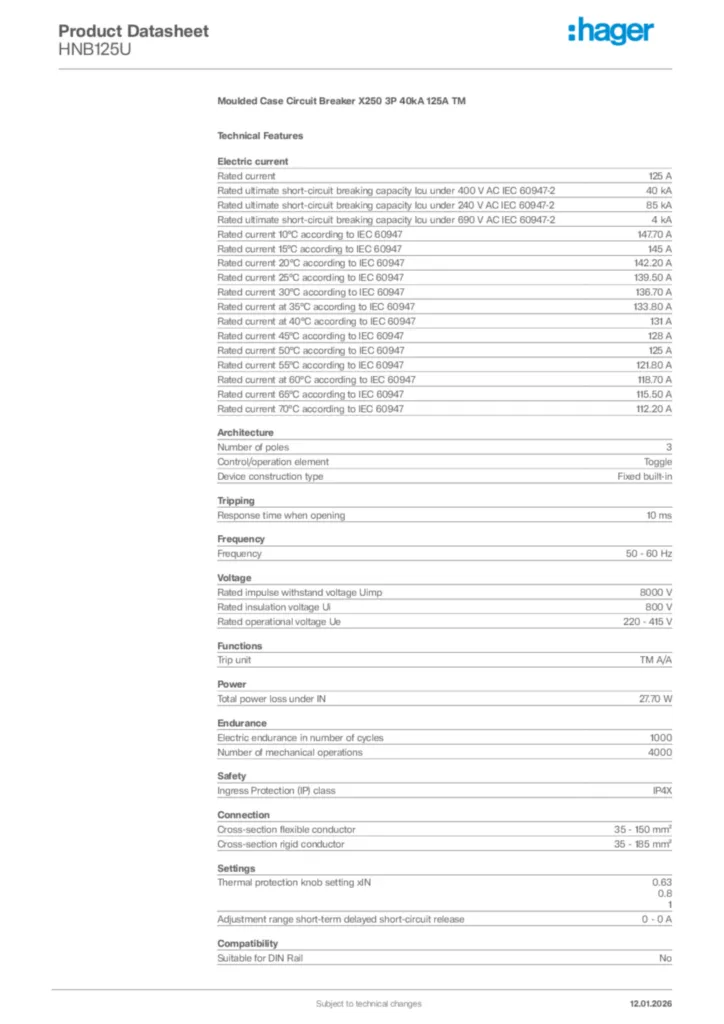 Image Hager Product data sheet HNB125U  | Hager