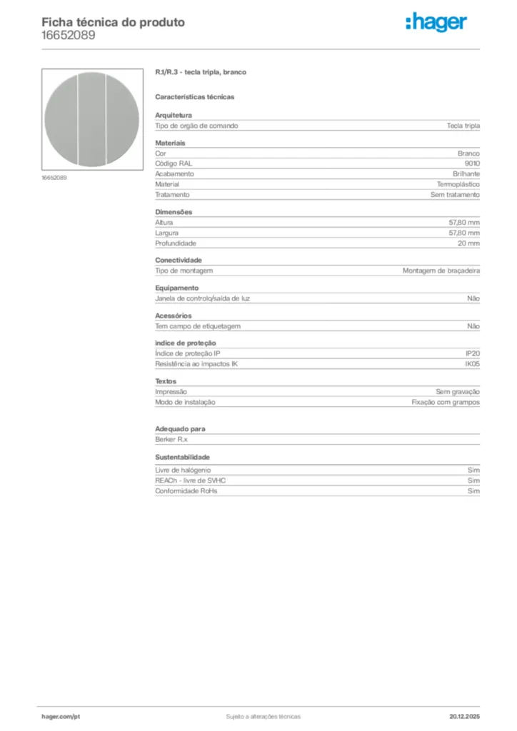 Imagem Hager Ficha técnica do produto 16652089 | Hager Portugal