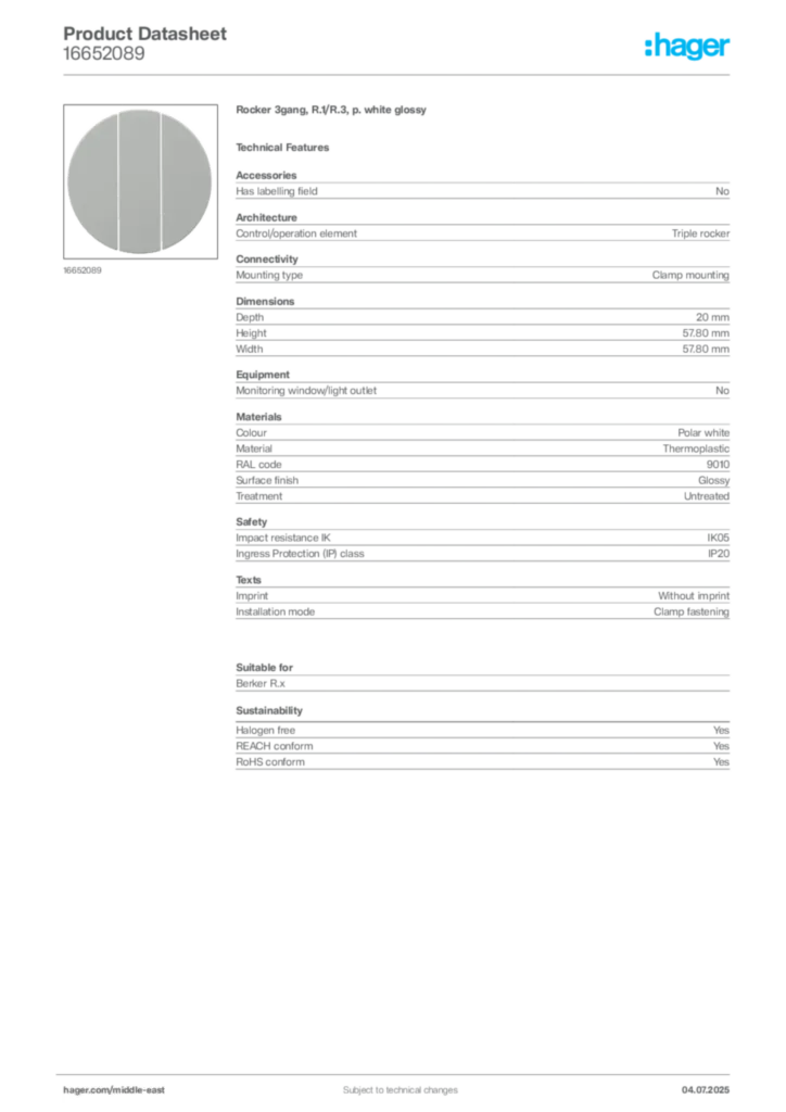 Image Hager Product data sheet 16652089  | Hager