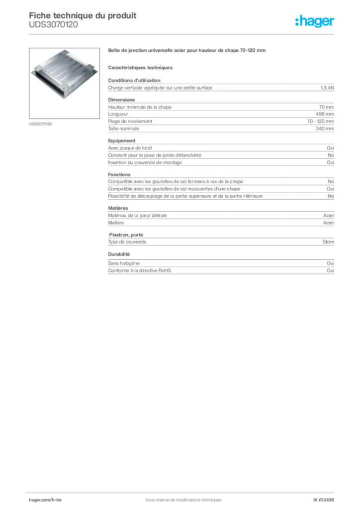 Image Hager Fiche technique du produit UDS3070120 | Hager Belgique