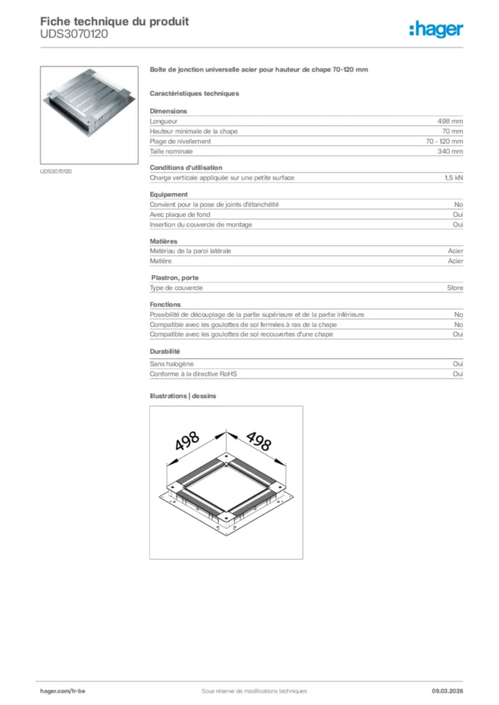 Image Hager Fiche technique du produit UDS3070120 | Hager Belgique