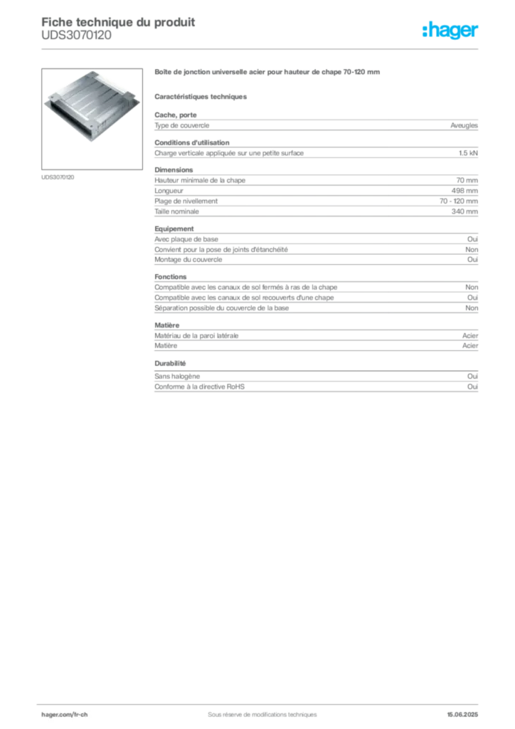 Image Hager Fiche technique du produit UDS3070120 | Hager Suisse