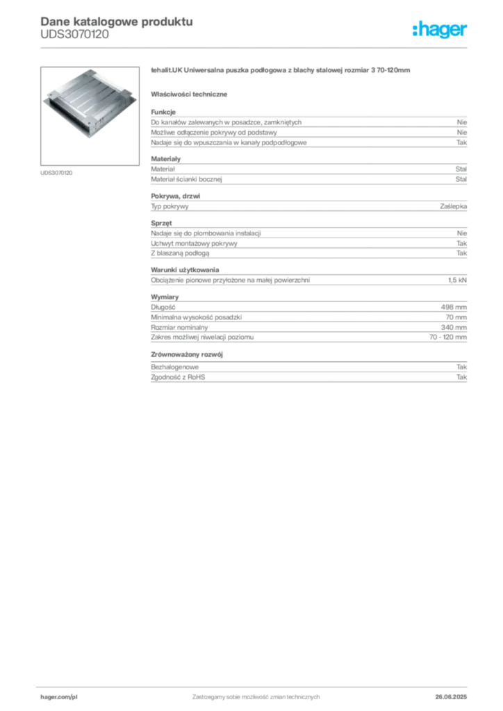 Zdjęcie Hager Karta katalogowa UDS3070120 | Hager Polska