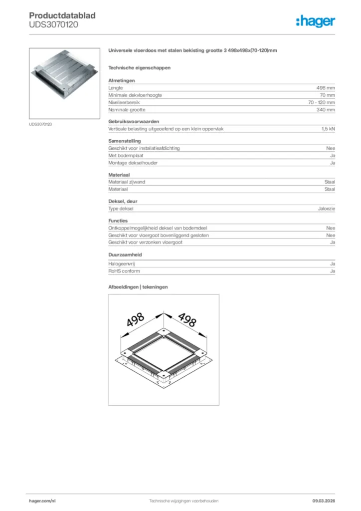 Afbeelding Hager Productdatablad UDS3070120 | Hager Nederland