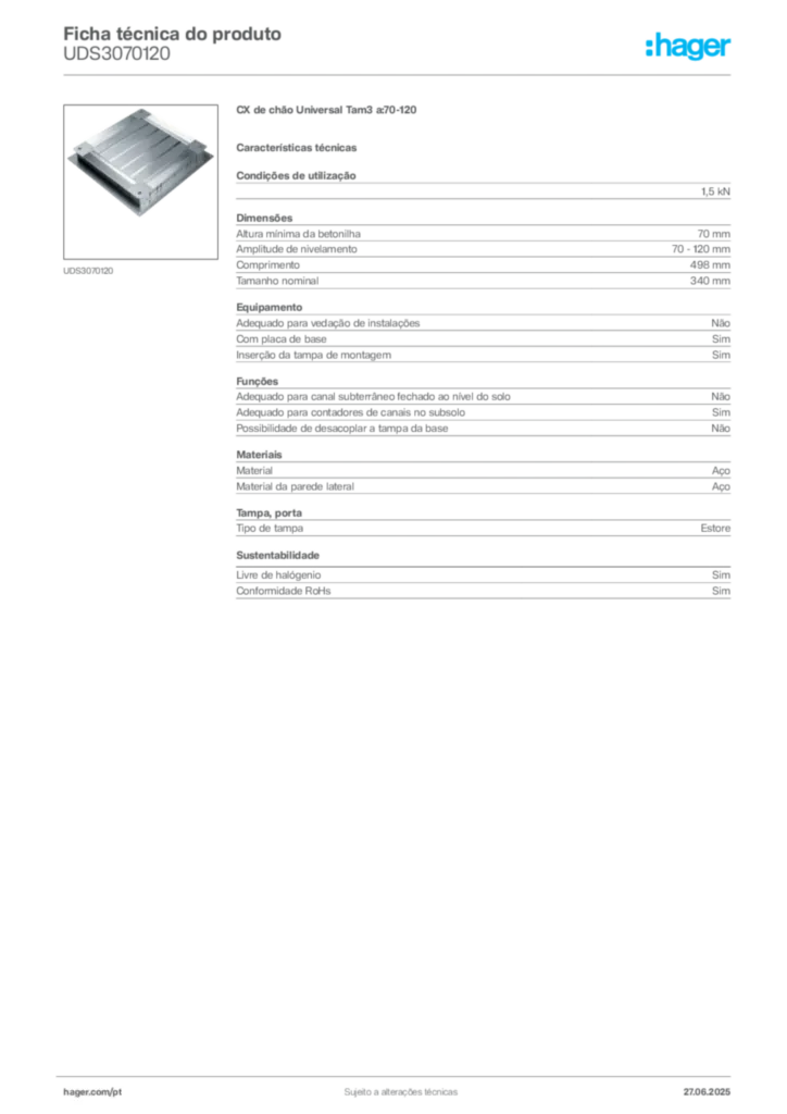 Imagem Hager Ficha técnica do produto UDS3070120 | Hager Portugal