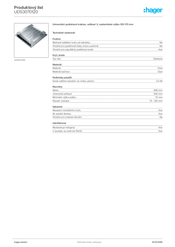 Obrázek Hager Produktový list UDS3070120 | Hager